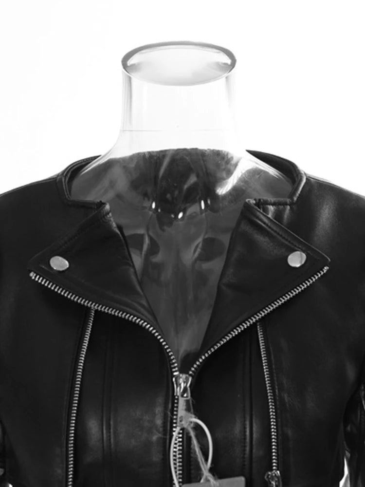 Elegant Loose Fit Black Faux Leather Lapel Jacket for Women