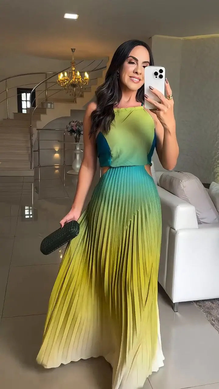 Spring Gradient Print Pleated Dresses Woman 2025 New Halter Tie-up Backless Long Dress Summer Sleeveless Hollow Party Dress