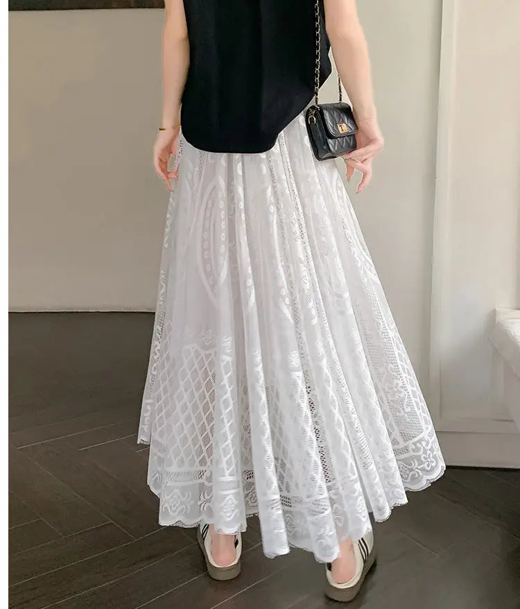 High Waisted Lace A Line Swing Midi Skirt for Women