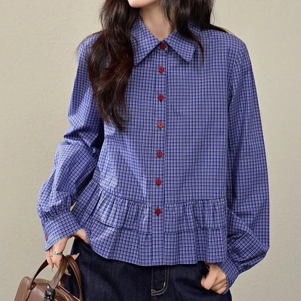 Blue Checkered Ruffle Trim Blouse With Turn Down Collar for Women