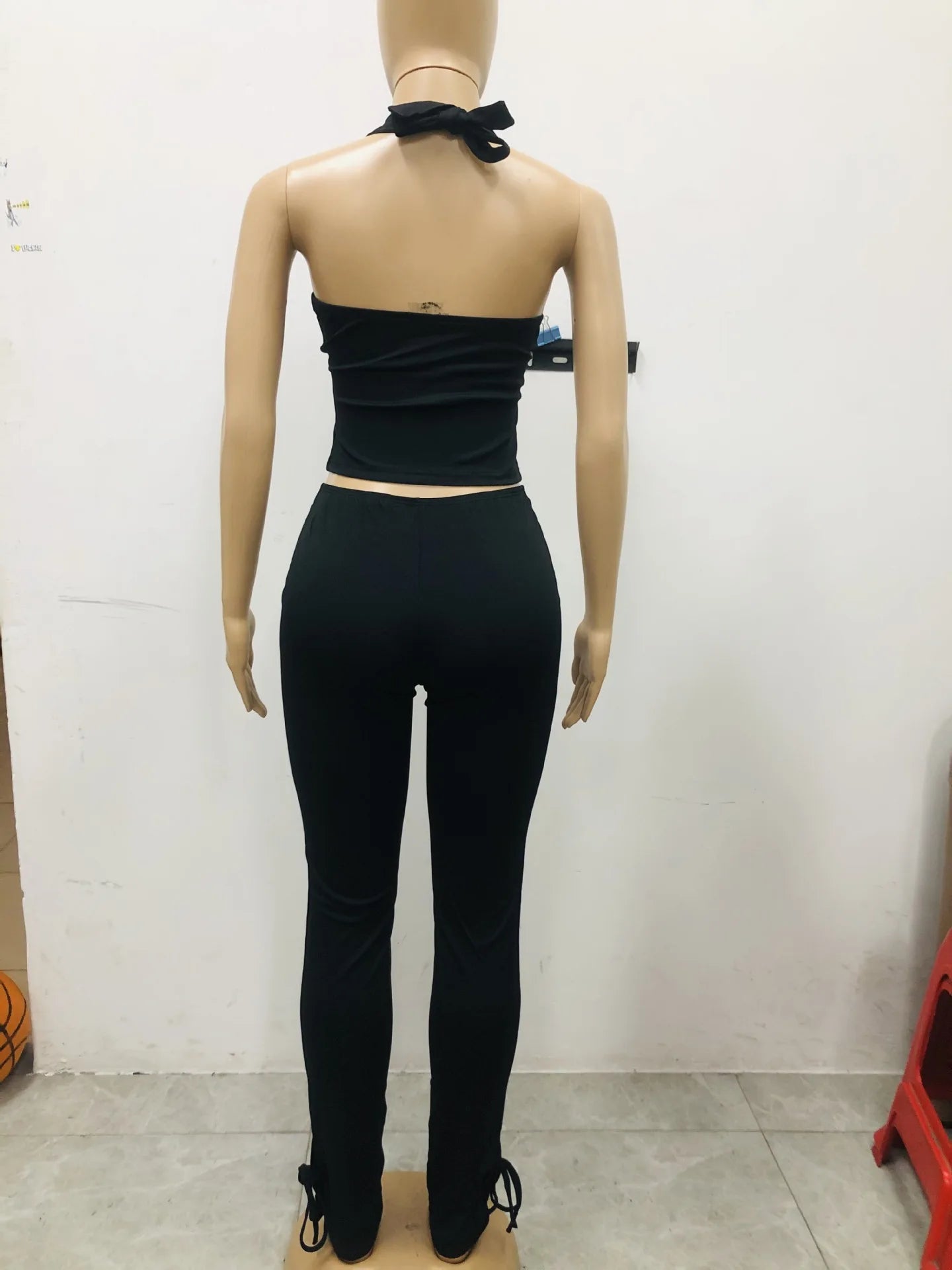 Solid Color Halter Neck Crop Top Two Piece Set for Women