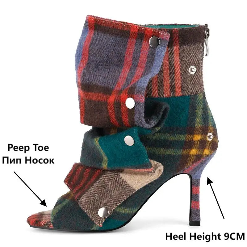 Pleated Plaid Ruched Peep Toe Ankle Boots for Women