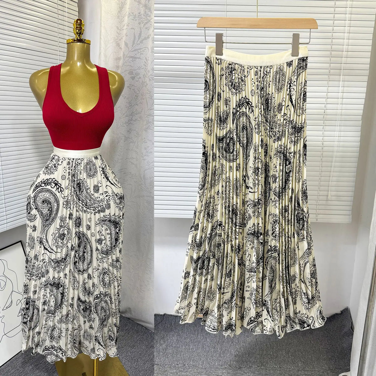 Floral Ruffle A Line Midi Skirt with Elastic Waist for Women