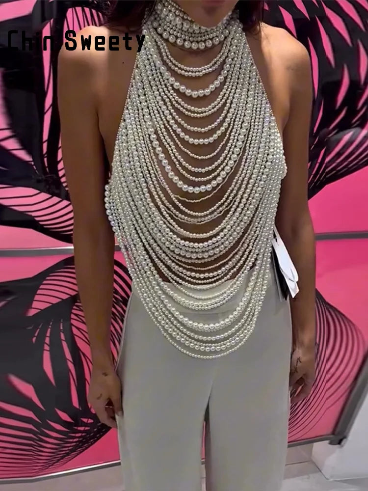 Elegant Pearl Halter Tank Top With Layered Chain Trim for Women
