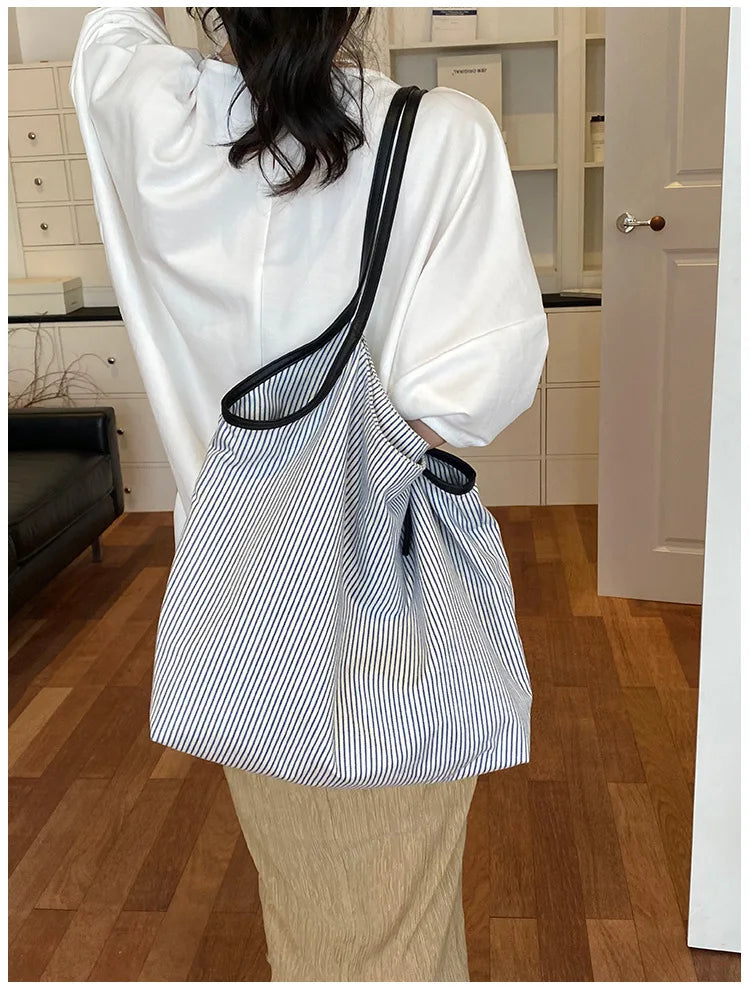 Casual Stripe Canvas Lightweight Shoulder Tote Bag for Women