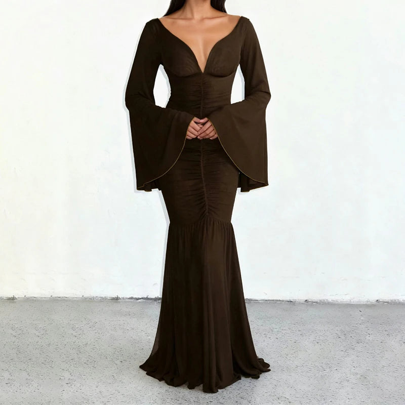 2026 Sexy Backless Draped Party Dress Elegant Strapless Flared Sleeves Evening Dress Women Fashion Hight Waist Solid Long Dress