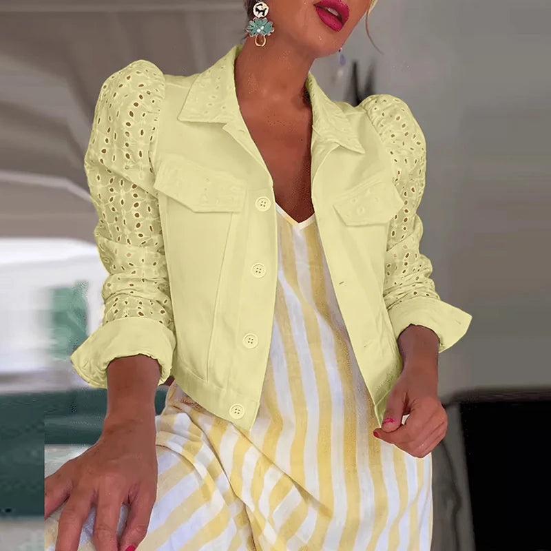 Elegant Lapel Bubble Sleeve Short Office Jacket for Women