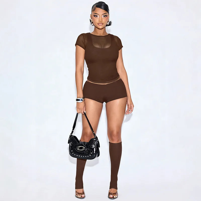 Sexy Mesh Patchwork Crop Top and Shorts Set for Women