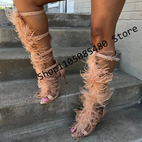 Pink Fur Belt Buckle Open Toe Stiletto Boots for Women
