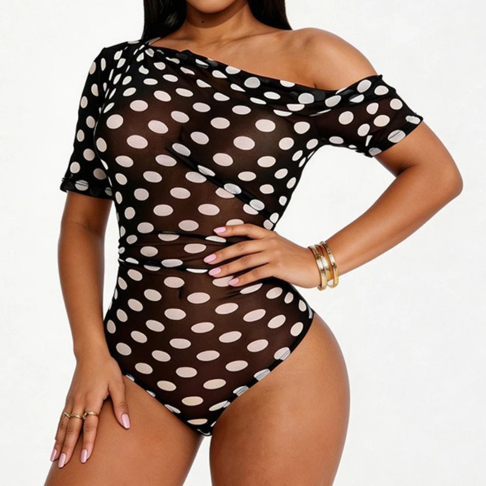 Off Shoulder Polka Dot Mesh See Through Two Piece Set for Women