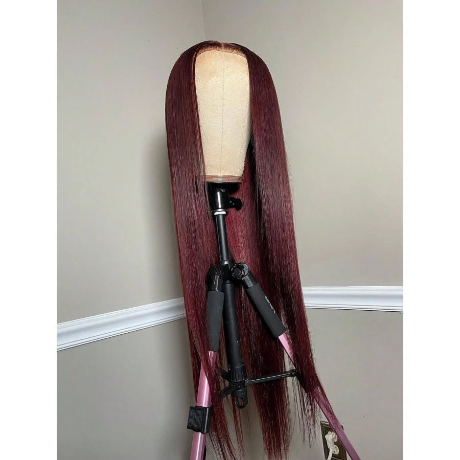 Straight Burgundy Transparent Lace Frontal Wig For Women