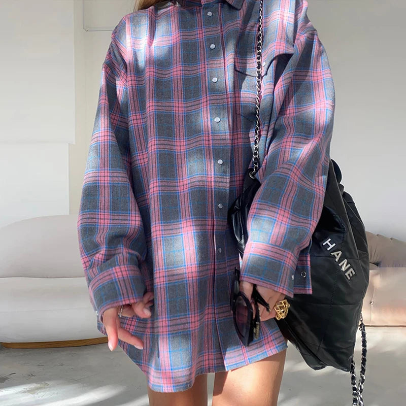 FSMG-Versatile Plaid Shirt For Women, Red Bright Grid, Oversized Blouse, Leisure And Fashionable Top, Spring And Autumn Seasons