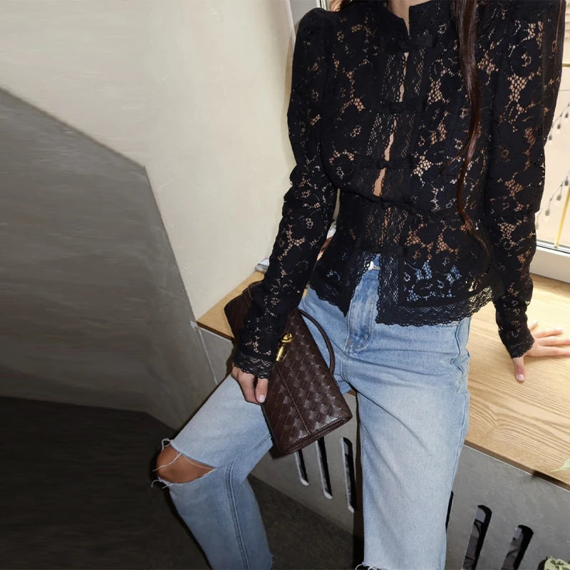 Elegant Embroidered Puff Sleeve Hollow Out Lace Blouse for Women