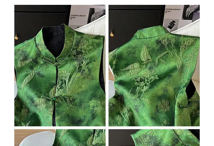 Green Chinese Style Embroidered Vest With Buckle for Women
