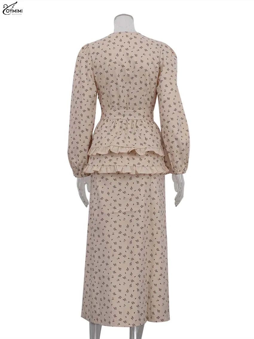 Oymimi Casual Apricot Print 2 Pieces Set For Woman Elegant Long Sleeve Button Ruffled Shirts And High Waist Side Slit Skirts Set