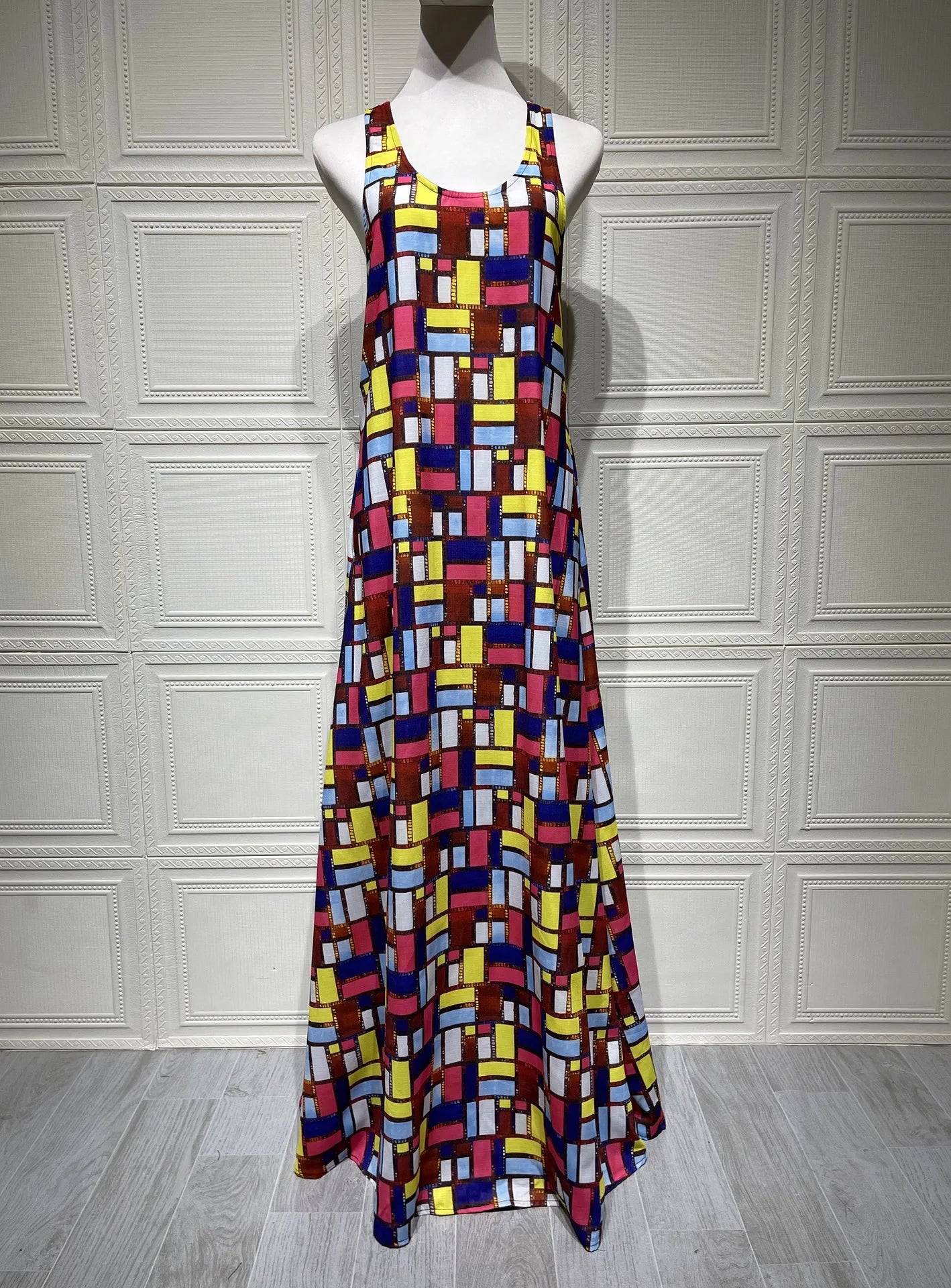 Color Block Squares Sleeveless Maxi Dress for Women