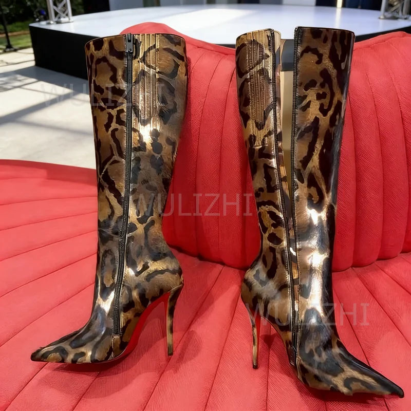 Leopard Print Faux Fur Knee High Stiletto Boots for Women