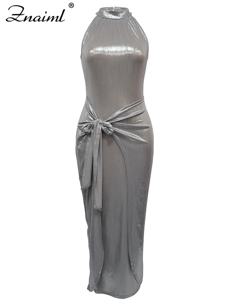 Znaiml Sexy Night Club Women Silver O-neck Sleeveless Bandage Belt Long Dress Elegant Birthday Party Evening Bodycon Vestidos