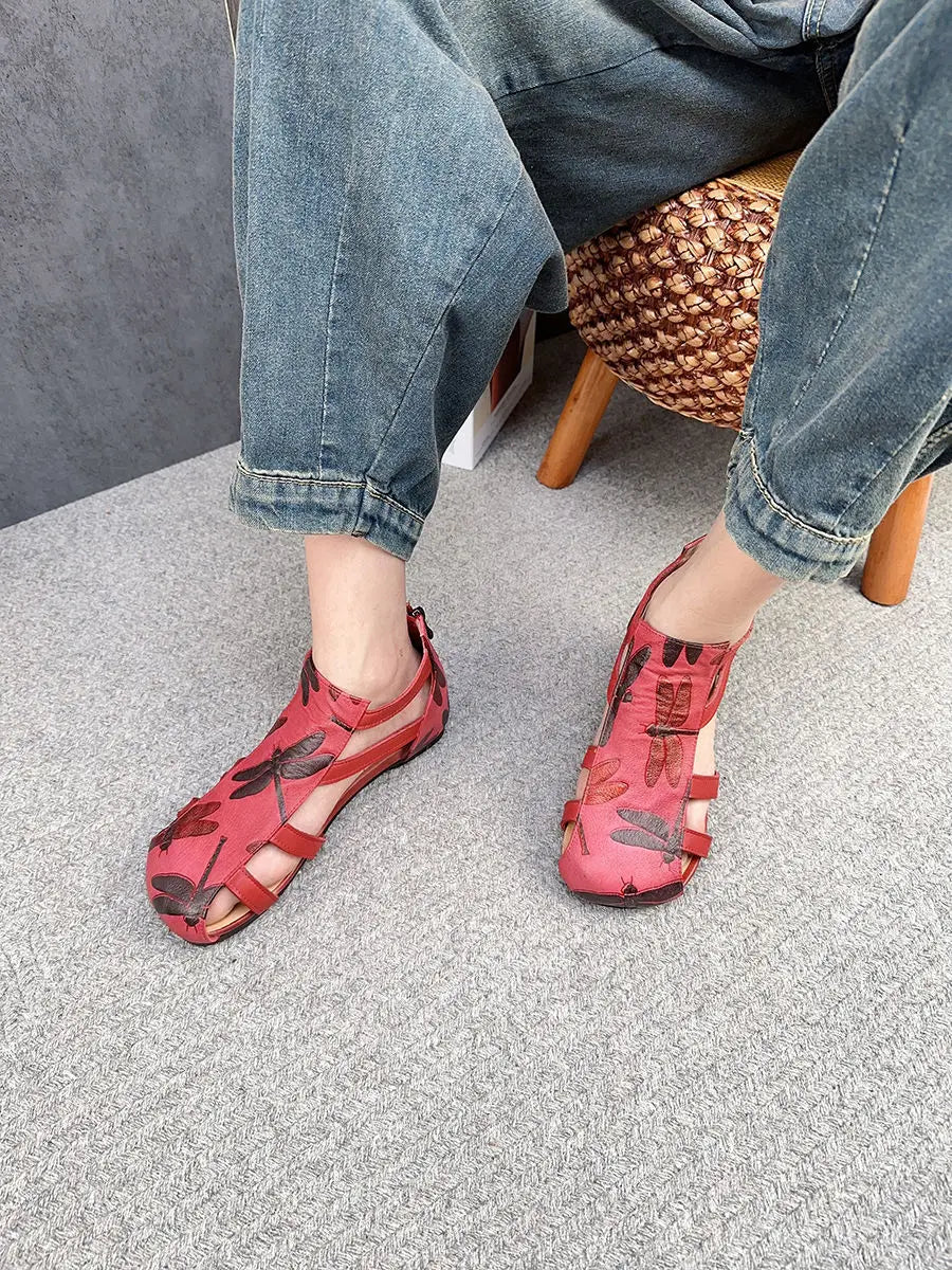 Flat Printed Genuine Leather Roman Sandals for Women
