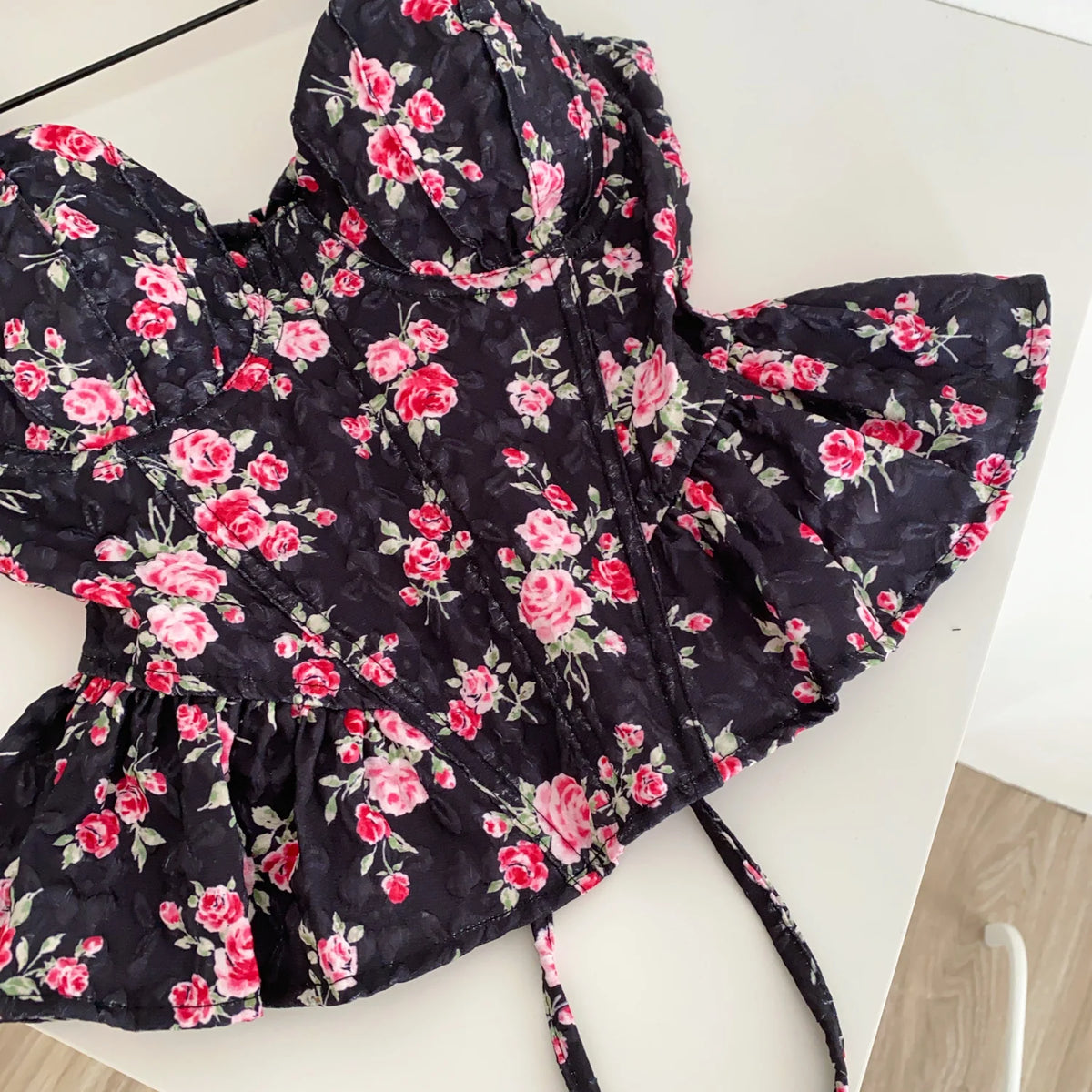 French Corset Print Ruffle Strap Tank Top for Women