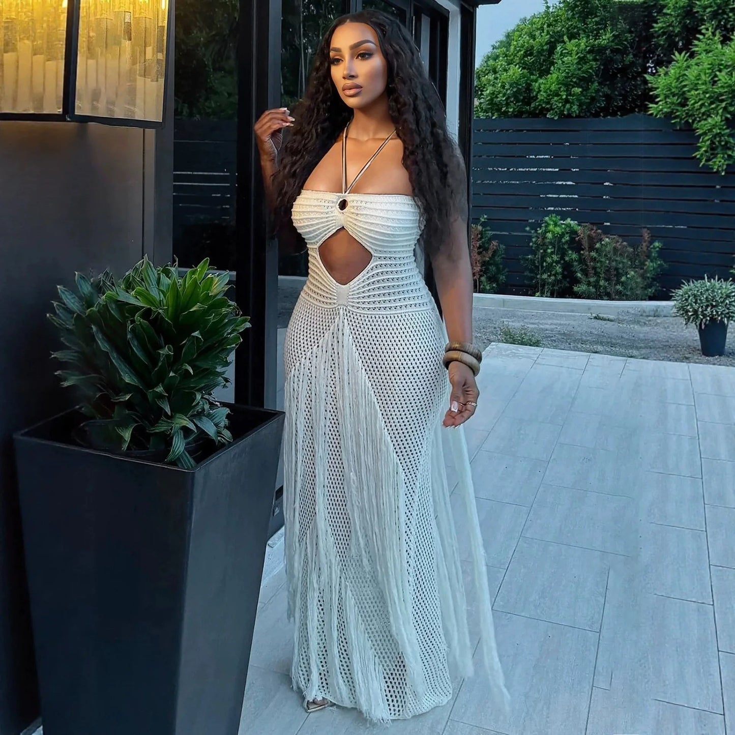 Hollow Out Sheer Crochet Lace Up Maxi Dress for Women