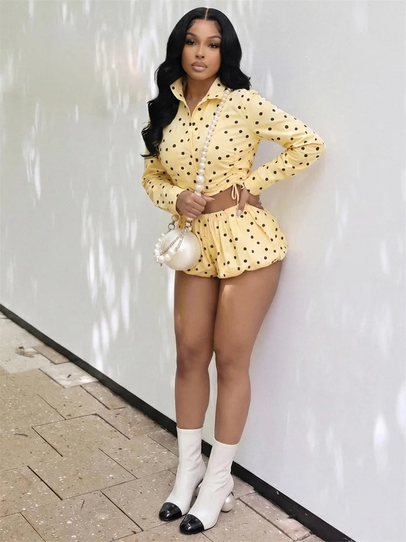 Polka Dot Ruched Turn-Down Collar Shirt and Shorts Set for Women