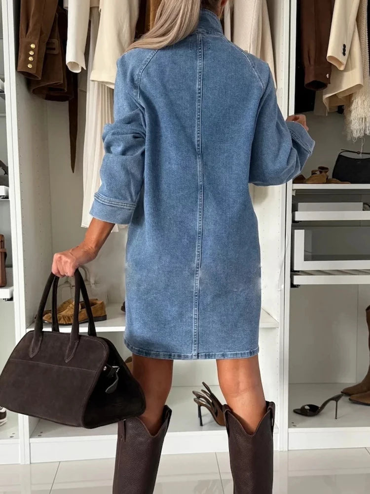 Denim Mini Dress With Turn Down Collar