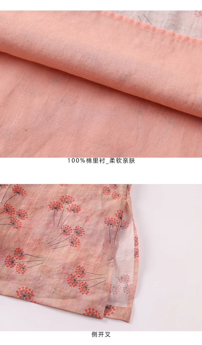 Elegant Floral Vintage Ramie Cheongsam Dress for Women