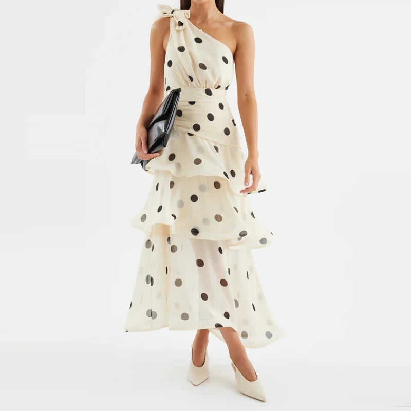 Elegant Polka Dot Ruffle Draped Maxi Dress for Women