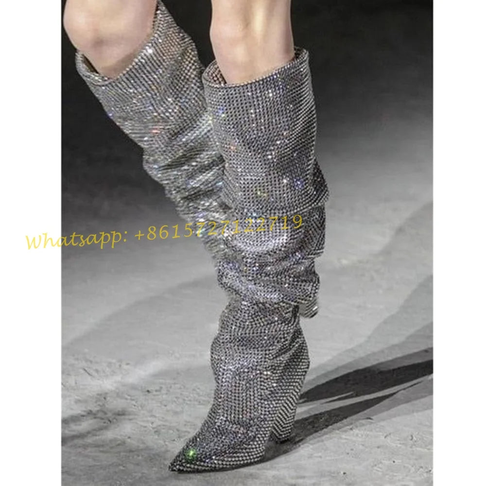 Elegant Crystal Pleated Knee High Wedge Boots for Women