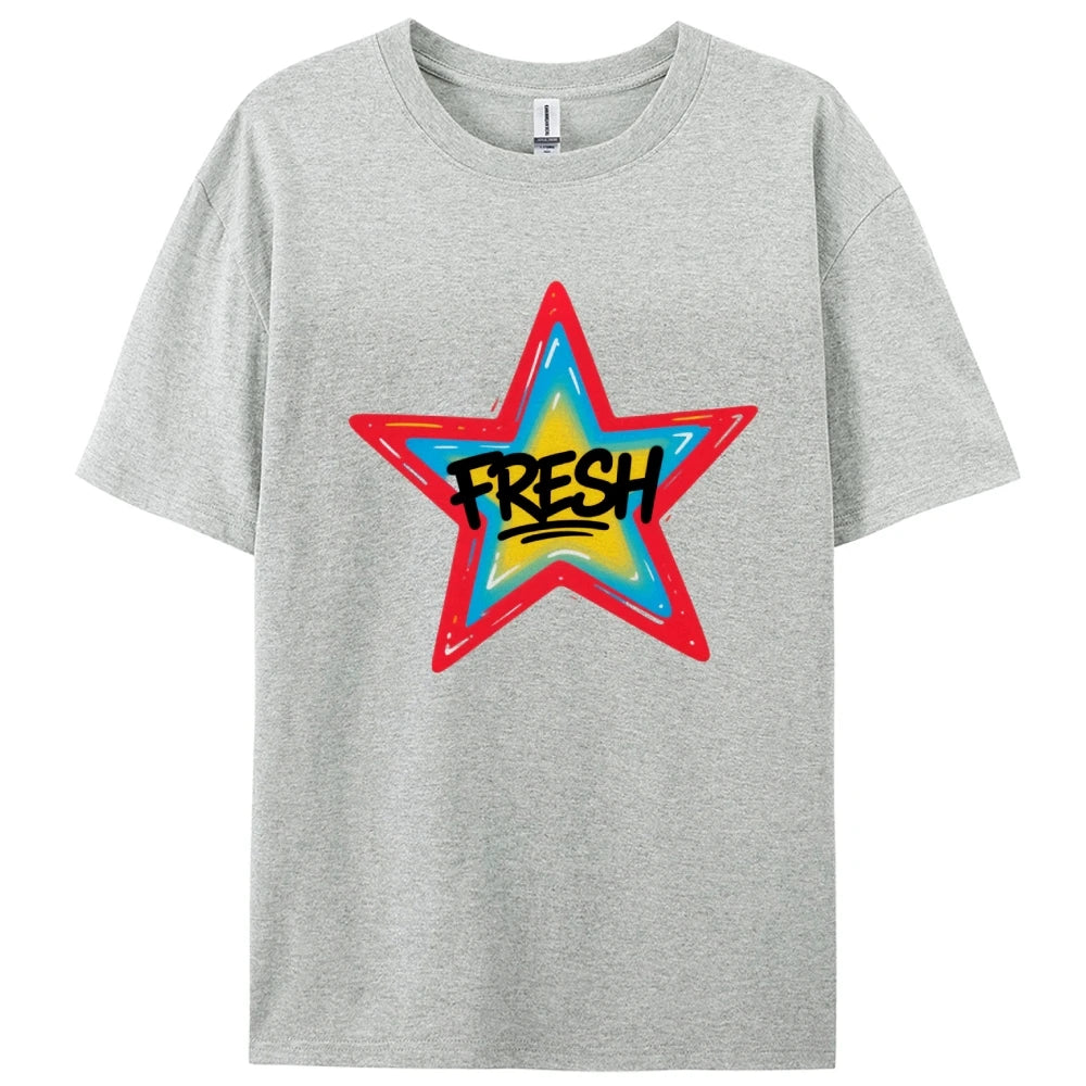 Graffiti Style FRESH Colorful Star Graphic Tee Casual White T-Shirt with Vibrant Gradient Star Design for Trendy Urban Fashion