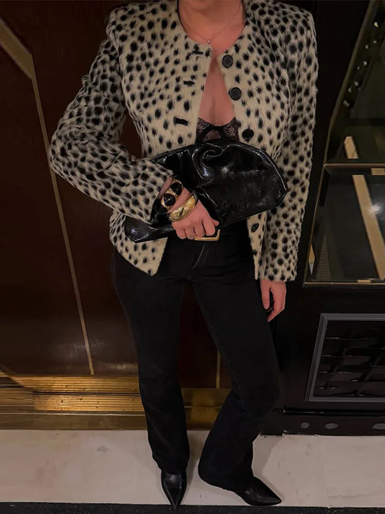 Leopard Print Faux Fur Single Breasted Crop Jacket for Women