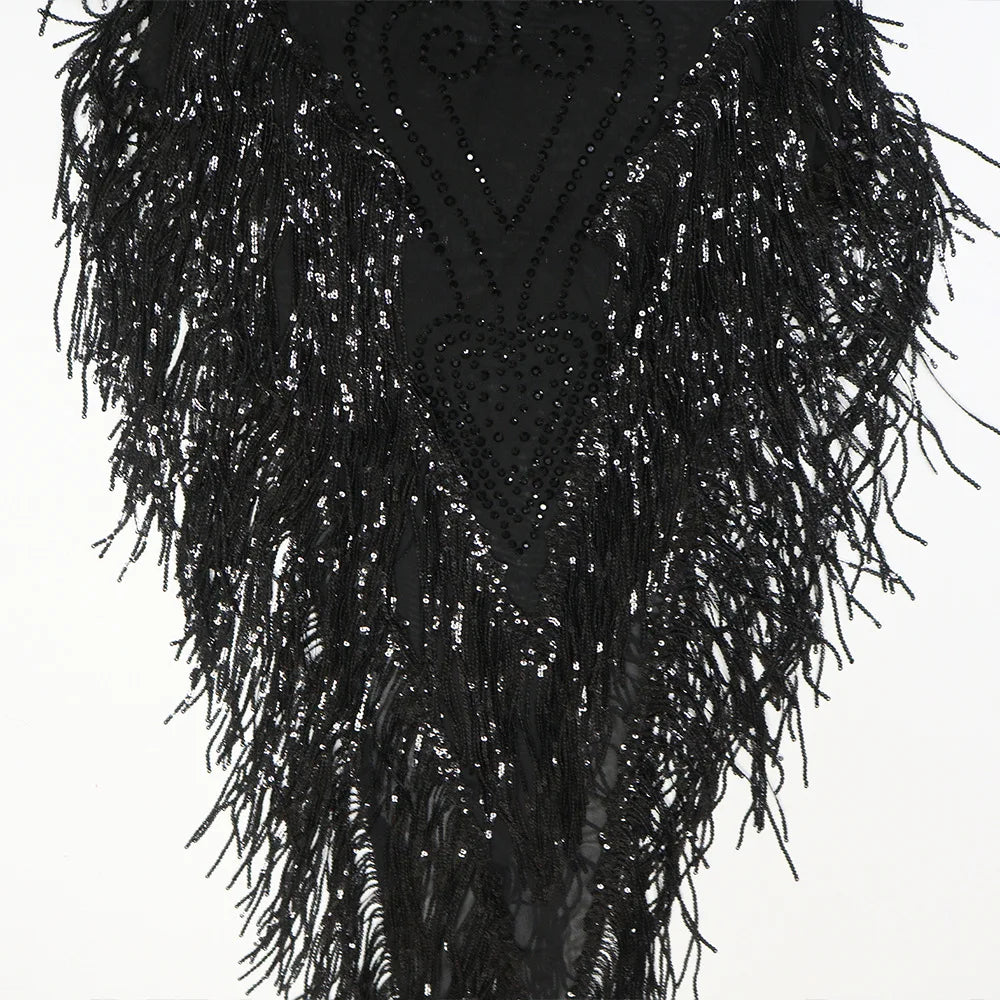 Rhinestone Mesh Tassel Bodycon Mini Dress for Women
