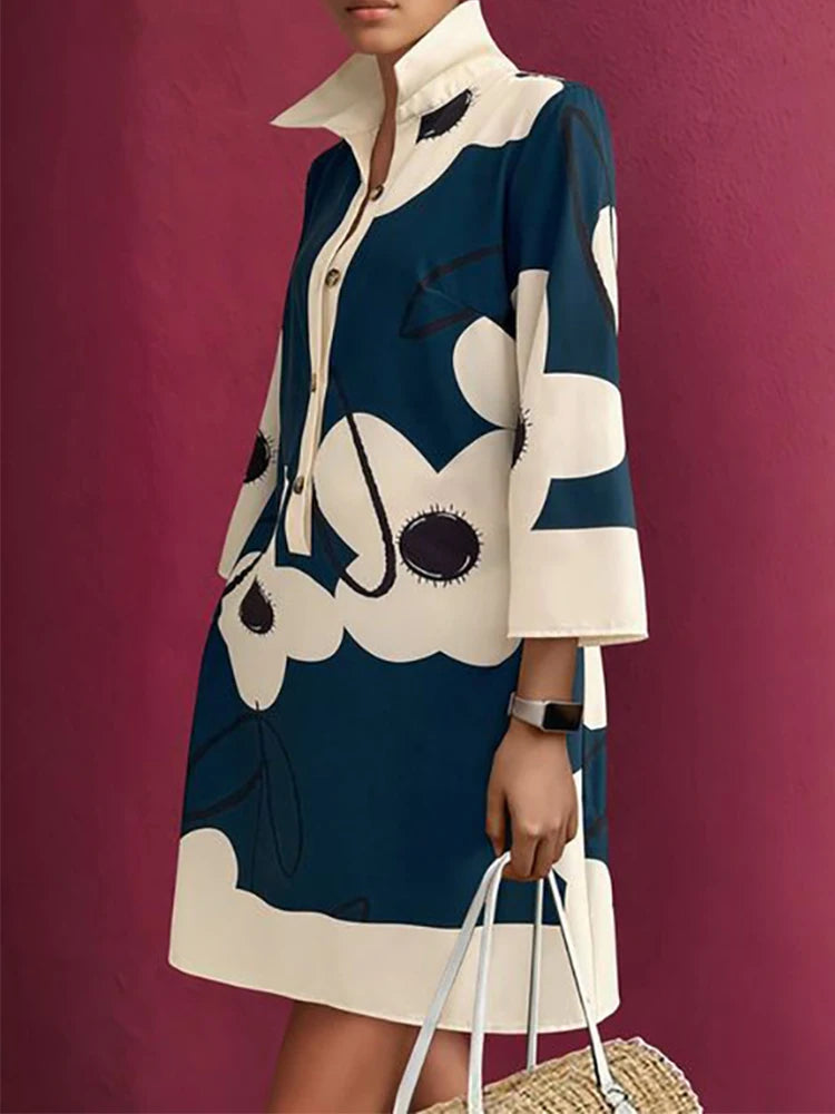 UOOZEE Urban Female Elegant Floral Printed Lapel Shirts Dress 2025 New Spring Long Sleeves Loose Fit Casual Office Mini Dresses