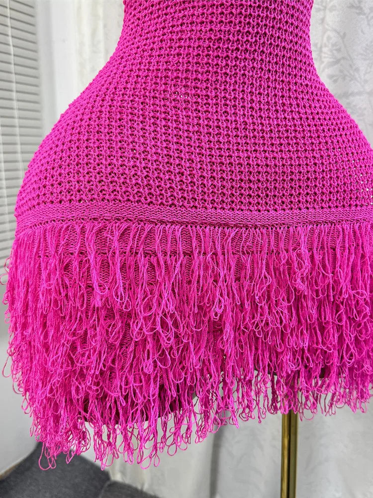 Elegant Round Neck Sleeveless Tassel Hem Bodycon Mini Knitted Dress for Women
