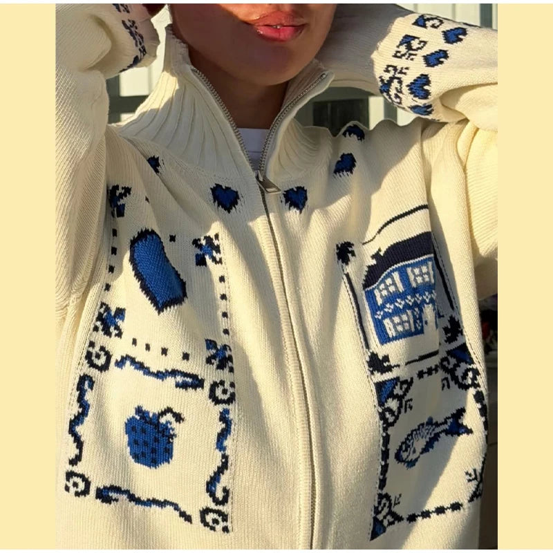 Blue Jacquard Stand Collar Zipper Cardigan for Women