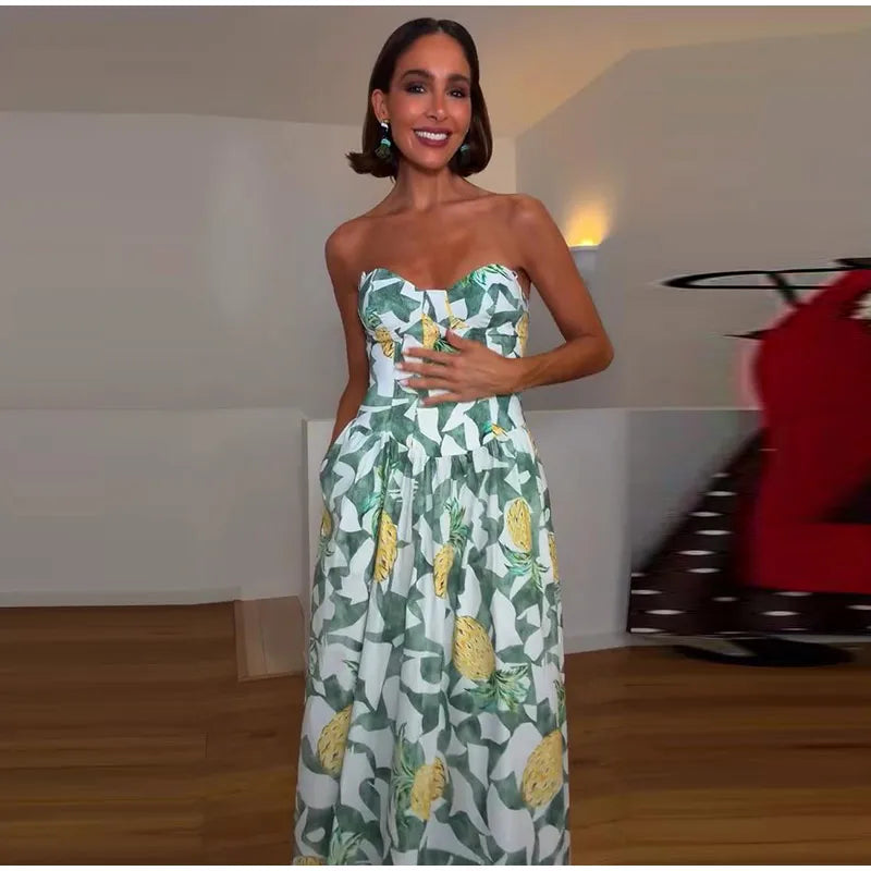 Printed Strapless Long Backless Dress With Pockets For Women