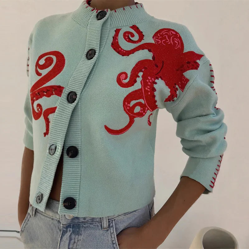 Elegant Knitted Octopus Jacquard Cardigan for Women