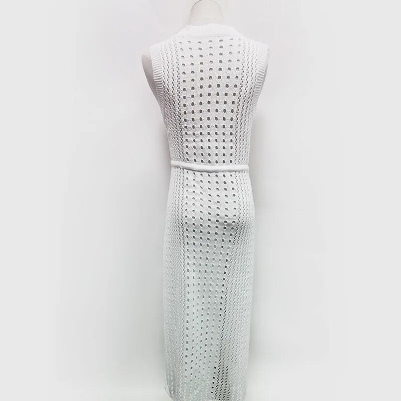 Mesh Cut Out Sleeveless Slit Drawstring Tunic Beach Wrap Dress Solid Color Knit 2025 Women Summer Party Swimsuit Cover Up A2391
