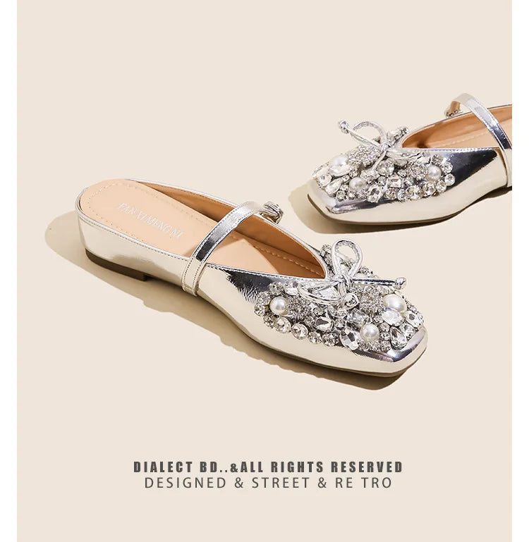 Pearl Bow Embellished Square Toe Flat Shoes For Women