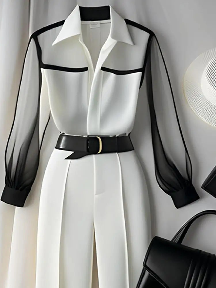 White Loose Tailored Trousers and Blouse Set for Women