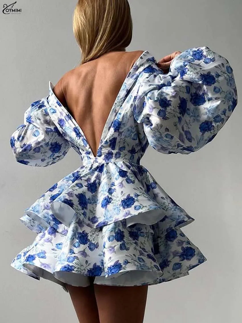 Oymimi Fashion Blue Print Womens Dresses Elegant V-Neck Long Sleeve Zipper Dresses Casual High Waist Pleated Mini Dress Female