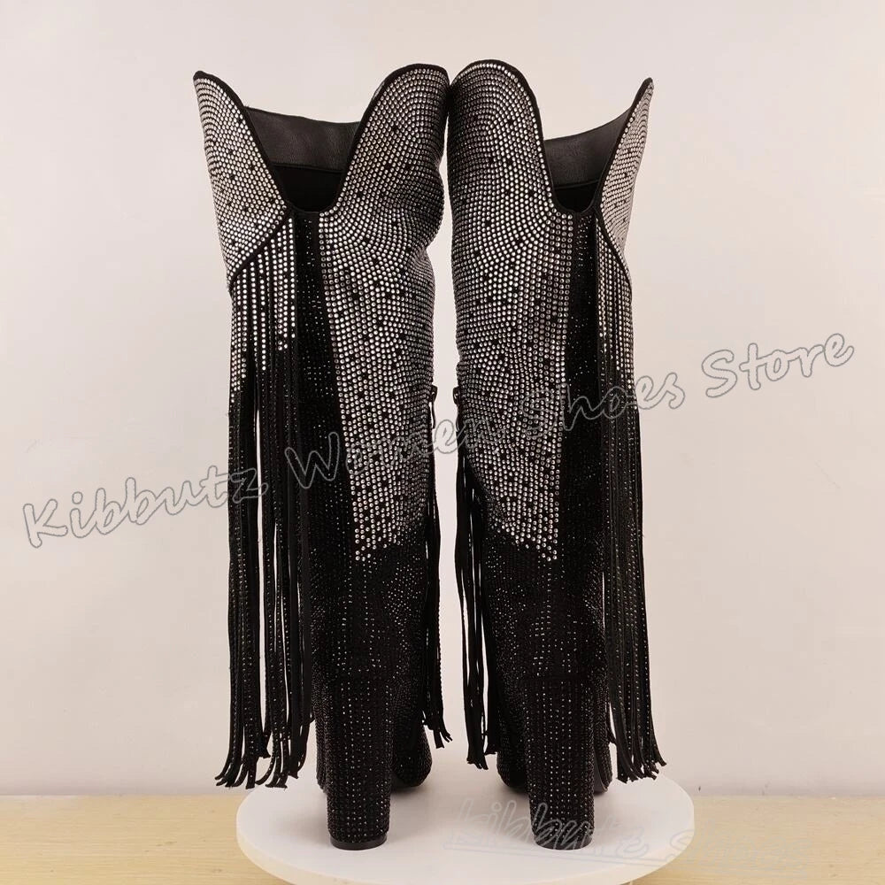 Crystal Knee High Boots Glossy Pointy Chunky Heels Luxury Novelty Elegant Concise Sexy Fashion Luxury Women Shoes Newest Slip-On