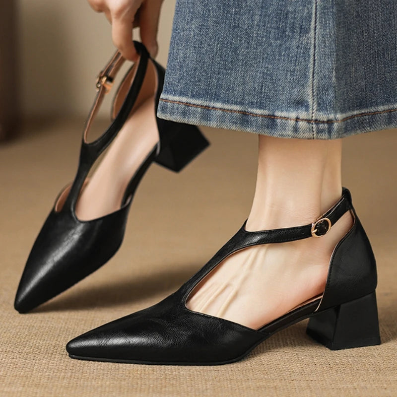 Point Toe Square Heel Mary Jane Pumps