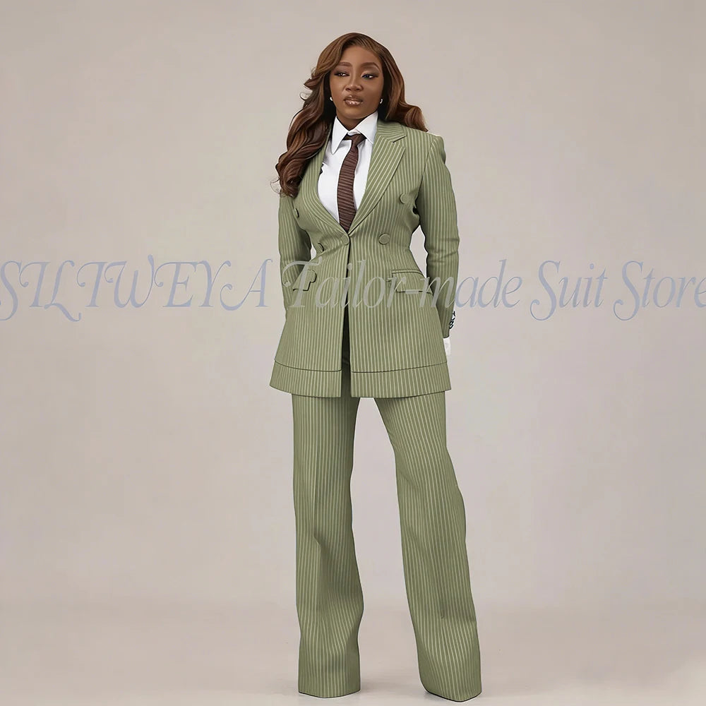 Slim Fit Brown Striped Blazer Set With Pants For Women