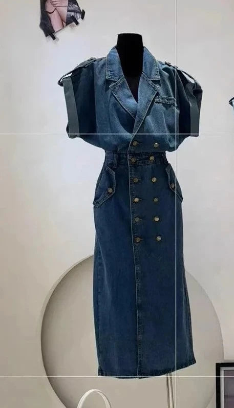 Classic Single Breasted Lapel Denim Midi Skirt For Women
