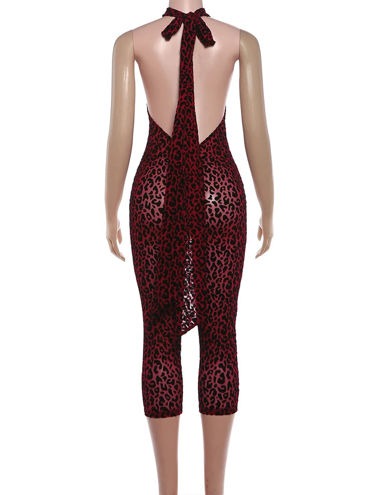 Leopard Print Backless Sleeveless Halter Romper for Women