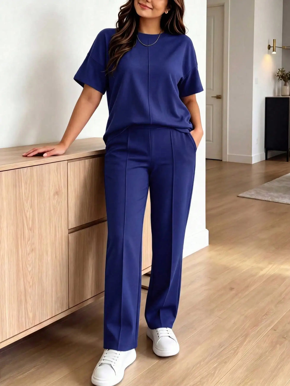 New Spring and Summer Ladies' Set: Comfortable Solid-Color Short-Sleeve Top with Elastic Waist Pocketed Long Pants Two-Piece Set, Soft Stretch Polyester-Acrylic Fabric