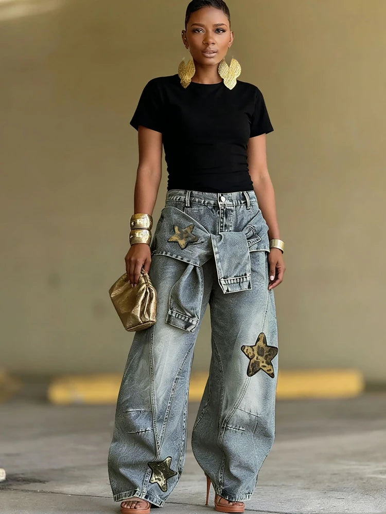 Vintage Washed Wide Leg Hip Hop Denim Jeans for Women