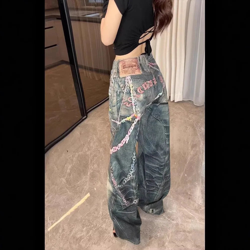 American Vintage Chain Print Cotton Straight Pants for Women
